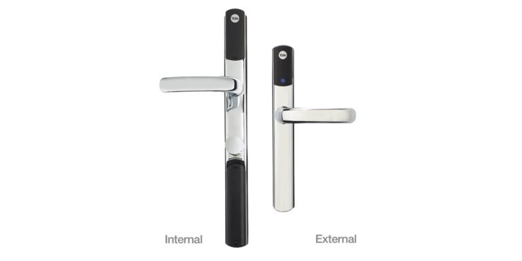 Marketing image for the Yale Conexis L1 smart door lock, with both internal and external door handle views.