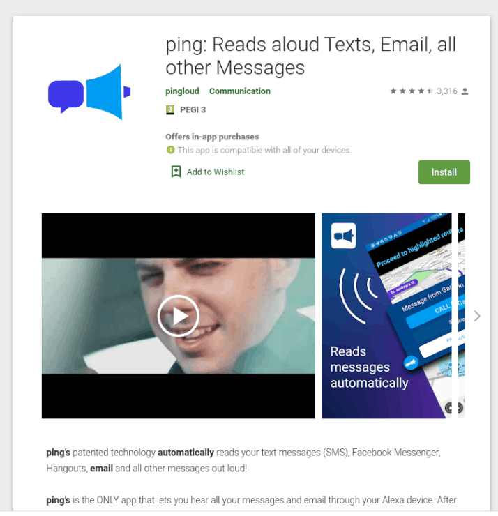 Screenshot of the ping app on the Play Store which can read out emails and texts