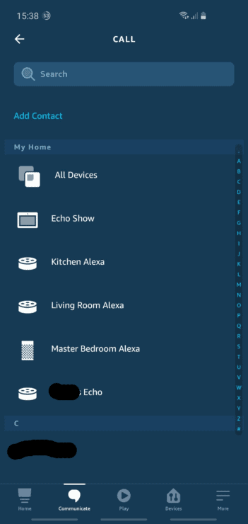 Phone screenshot of the Alexa app's "Call" list, showing the Echo devices and contacts you can call up.
