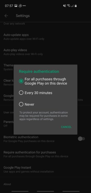 Phone screenshot showing the Play store option to prevent accidental purchases.