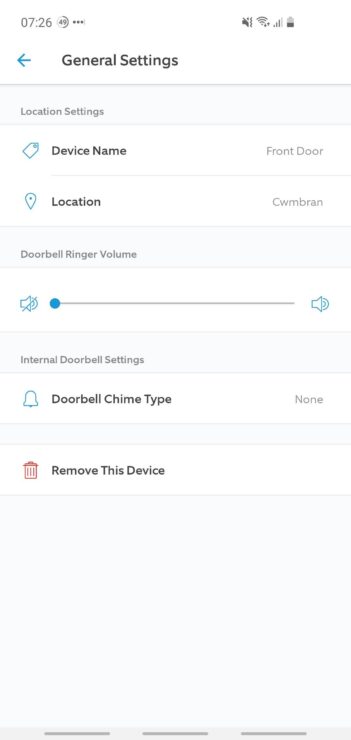 A phone screenshot showing the Ring app, and the "Doorbell Ringer Volume" being turned off (by turning it down to 0%).