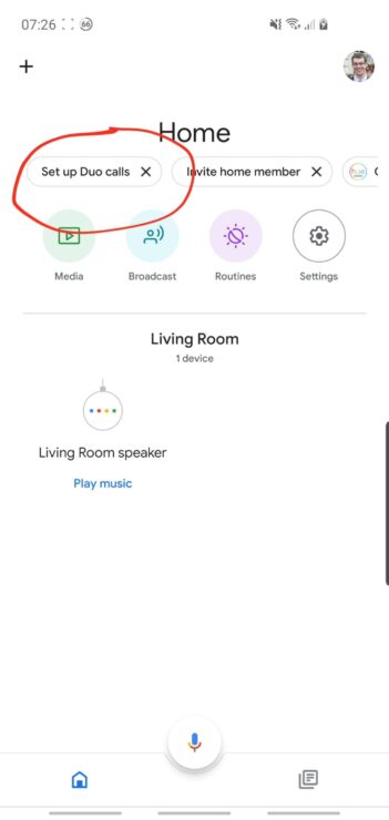 Phone screenshot showing the "Setup Duo Calls" option on the Google Home app.