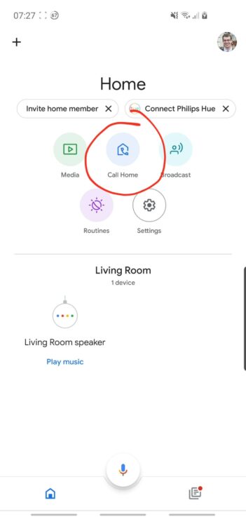 Phone screenshot showing the "Call Home" button, available after setting up Google Duo through the Google Home app.