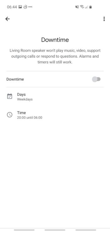 Phone screenshot showing how to disable the downtime feature from the Google Home app.