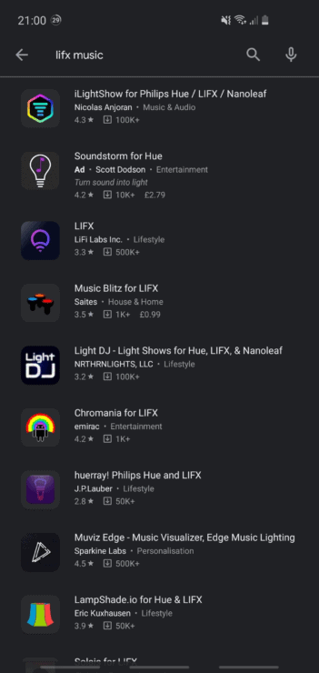 Phone screenshot showing various LIFX music apps.