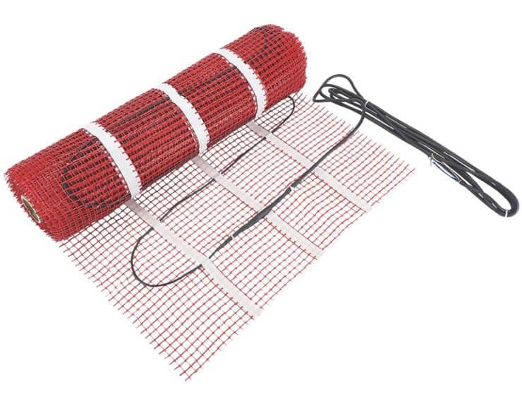 A Klima underfloor heating mat with various heating coils, and a bundle of cable on the side to wire up.