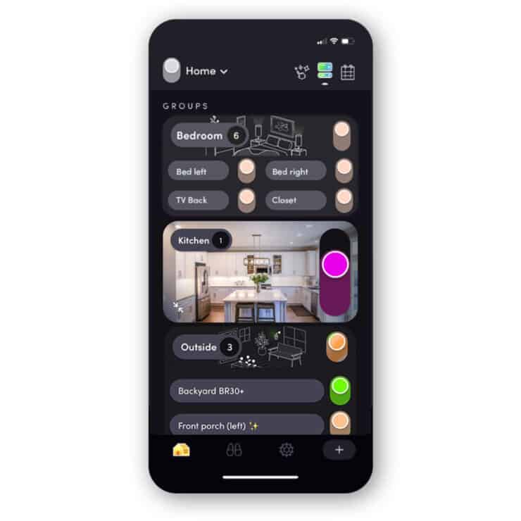 LIFX app showing the dashboard and various lights that can be controlled from here.