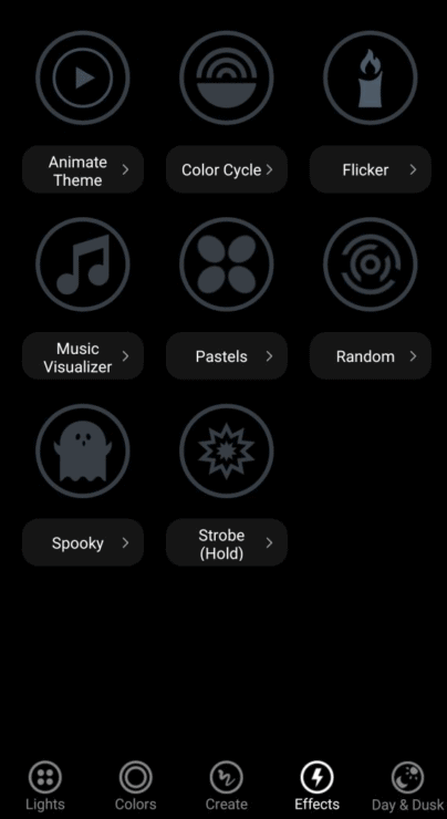 Phone screenshot showing the LIFX app effects page, containing the Music Visualizer feature.