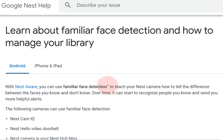 Nest help pages - familiar face detection