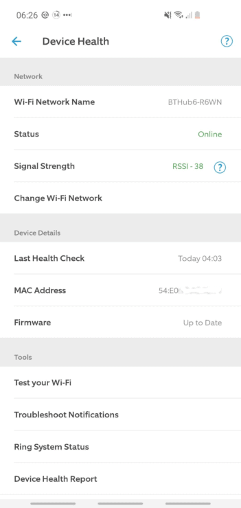 What is the Device Health section of the Ring App?
