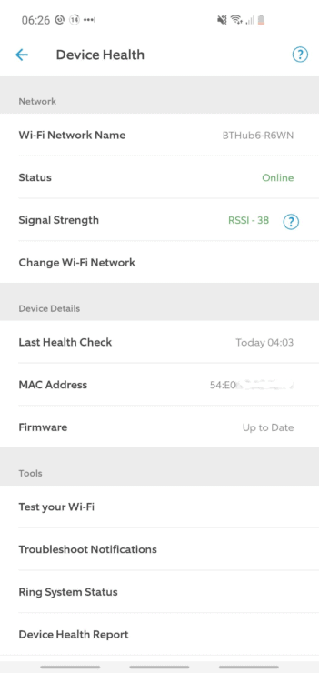 The WiFi health on the 'Device Health' page of my Ring app (for my Ring Indoor Cam).