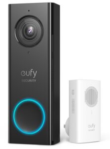 Marketing image of the eufy security doorbell with plug-in chime.