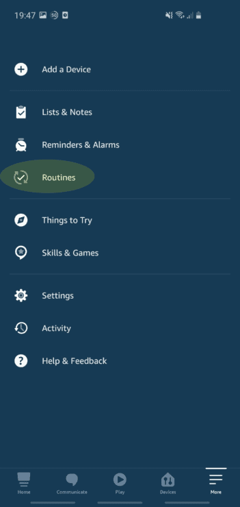 Screenshot of my Alexa app showing how to access routines via the menu