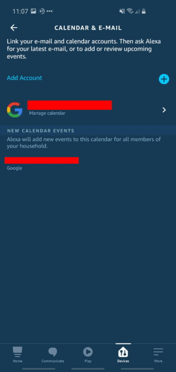 Phone screenshot of the Alexa app, showing linked calendar(s) between Google Calendar and the Alexa app.
