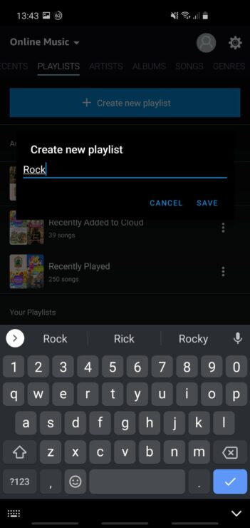 Screenshot from my Amazon Music app - choosing the name of a new playlist