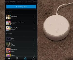 One of my Echo Dots on the floor, plus a screenshot of the Amazon Music's playlists section next to it.