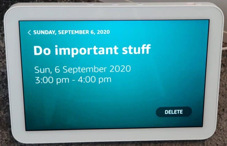 A newly added calendar entry (added with my voice) is displayed on screen: "Do important stuff" on Sunday 6th September 2020!