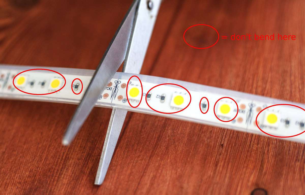 Lightstrip with areas not to bend highlighted in red circles