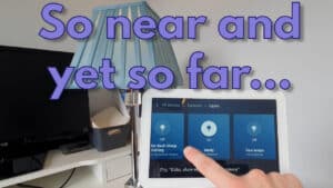 YouTube thumbnail showing an Echo Show in the foreground, table lamp in the background and the text "So near and yet so far..." overlaid.
