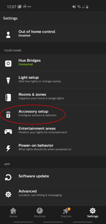 The accessory setup and management section of the Philips Hue app.