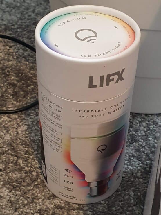A LIFX full RGB B22 bulb in its box