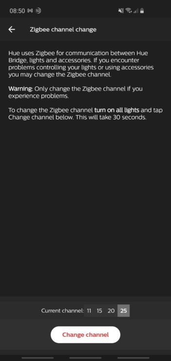 Phone screenshot of the Hue app showing the ZigBee channel change section for the Hue Bridge hub