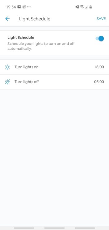 Phone screenshot showing the Ring app's Floodlight Cam light schedule options