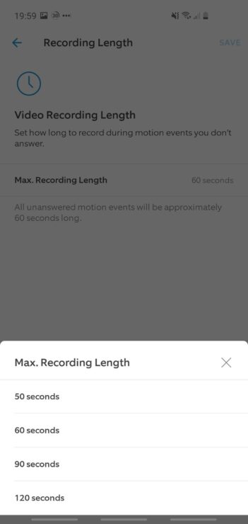 Tangkapan layar telepon yang menunjukkan opsi panjang rekaman video maks di dalam aplikasi Ring