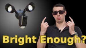 YouTube thumbnail showing me wearing sunglasses, the Ring Floodlight Cam and the text "Bright enough?"