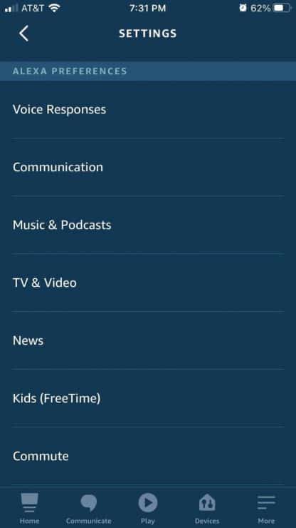 Alexa app settings including communication tab