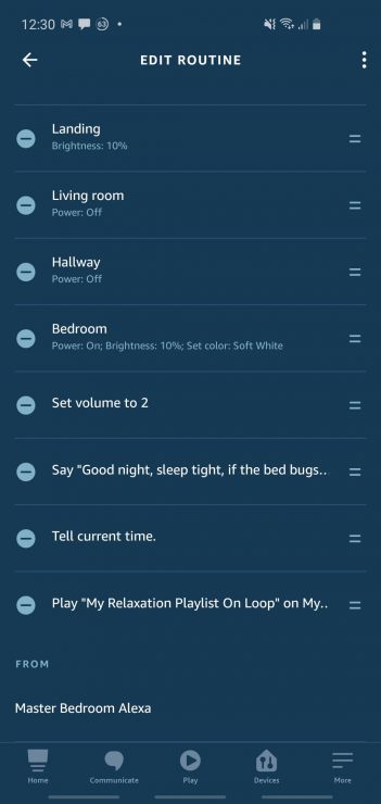 My Alexa app showing a routine with a looped playlist