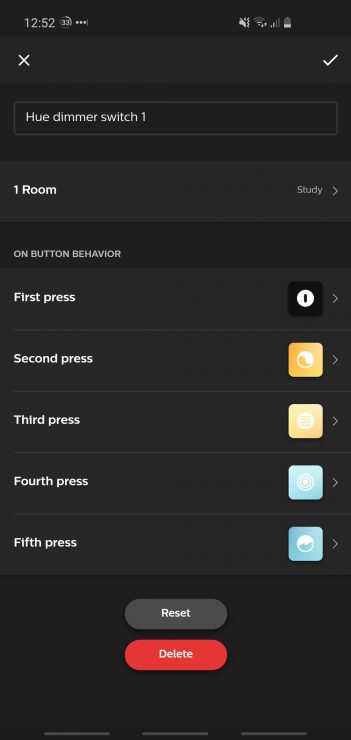 My Philps Hue app showing the dimmer switch config options