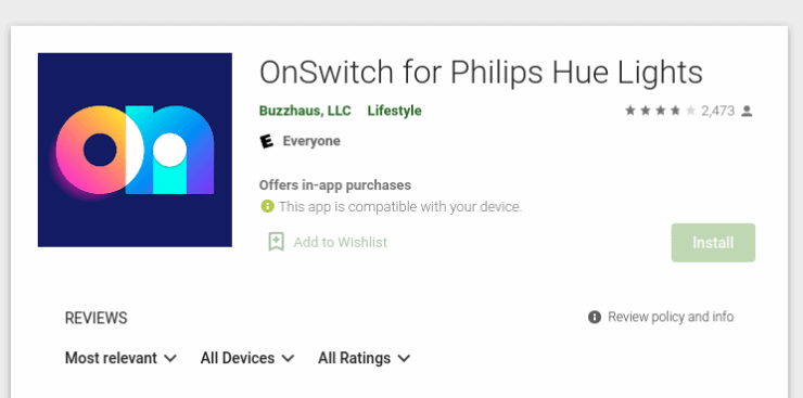 Play Store screenshot of the OnSwitch Hue app
