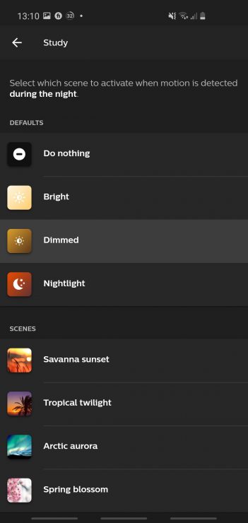 The Hue Motion sensor app config, allowing you to select a brightness and scene