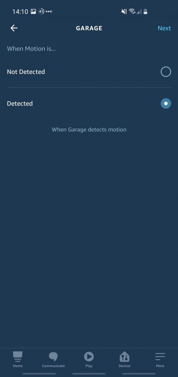 Alexa app showing a Ring camera motion can be the trigger