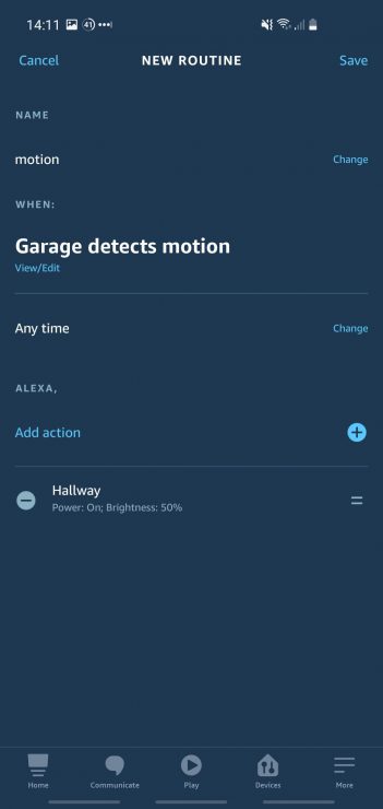 Alexa routine showing how to turn on a light when a Ring camera detects motion