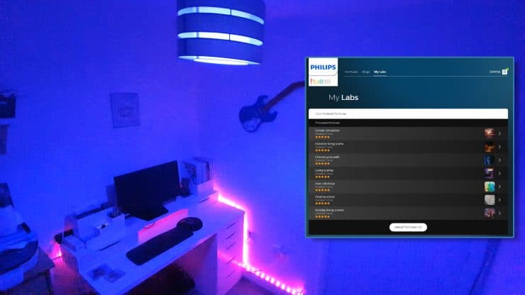 Philips Hue bulb and lightstrip in my study (as a YouTube thumbnail) with Hue Labs screenshot to the right
