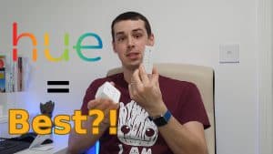 YouTube thumbnail showing me holding up a Hue Smart Plug and a Hue dimmer switch