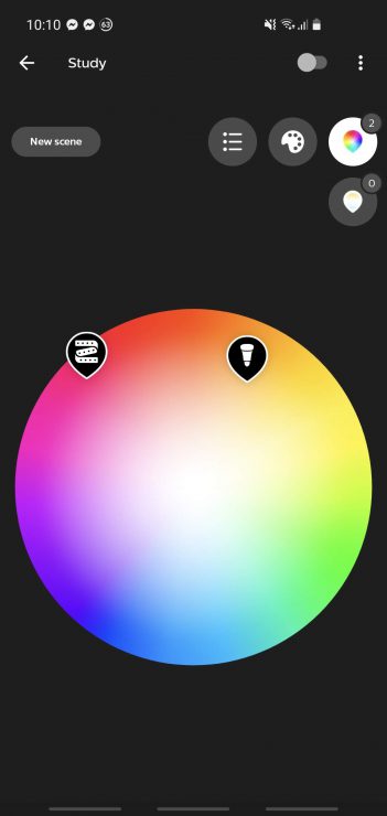 Screenshot from the Hue app showing an RGB color wheel for Hue Color bulbs