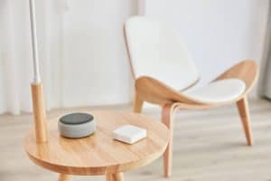 SwitchBot Mini on a table with an Amazon Echo Dot