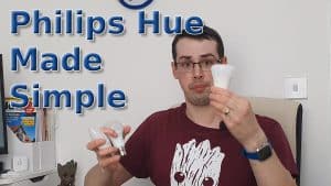 YouTube thumbnail showing me holding three Hue bulbs with the text Philips Hue Made Simple