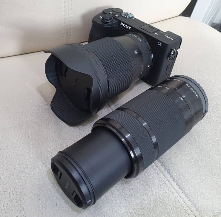My Sony A6600 mirrorless camera with two lenses a wide angle and telephoto lens