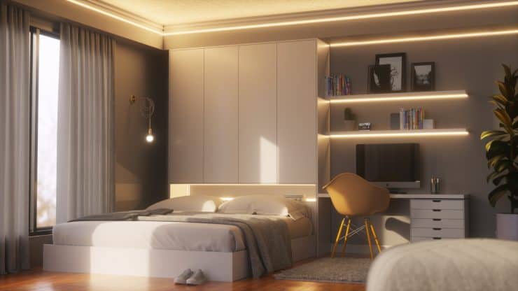 Nanoleaf Essentials A19 light and lightstrips in a bedroom