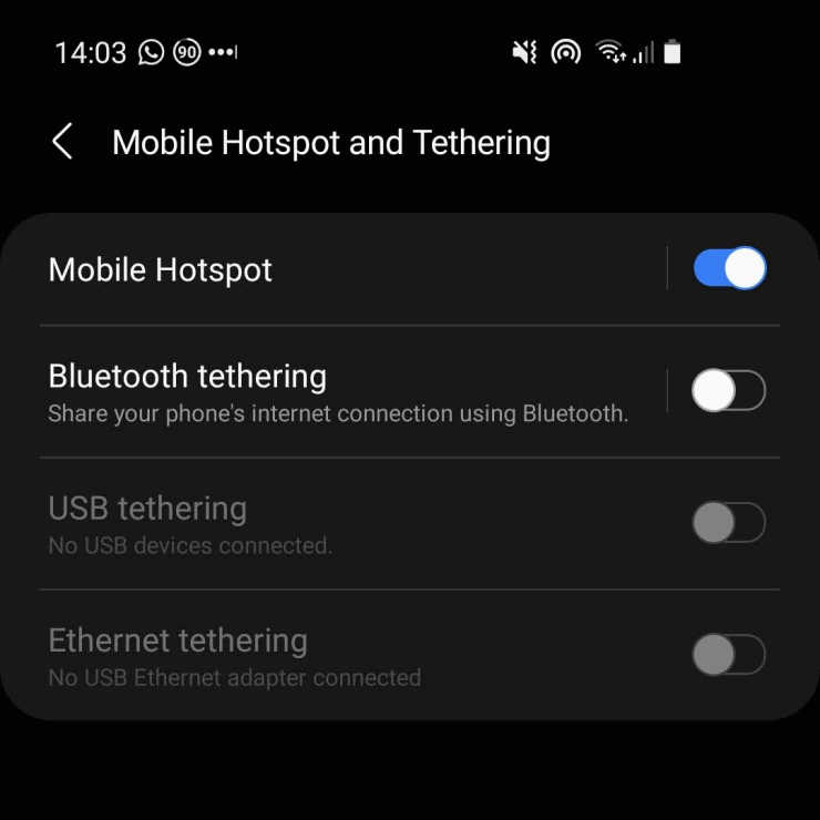 Samsung S10 screenshot showing the mobile hotspot options on Android