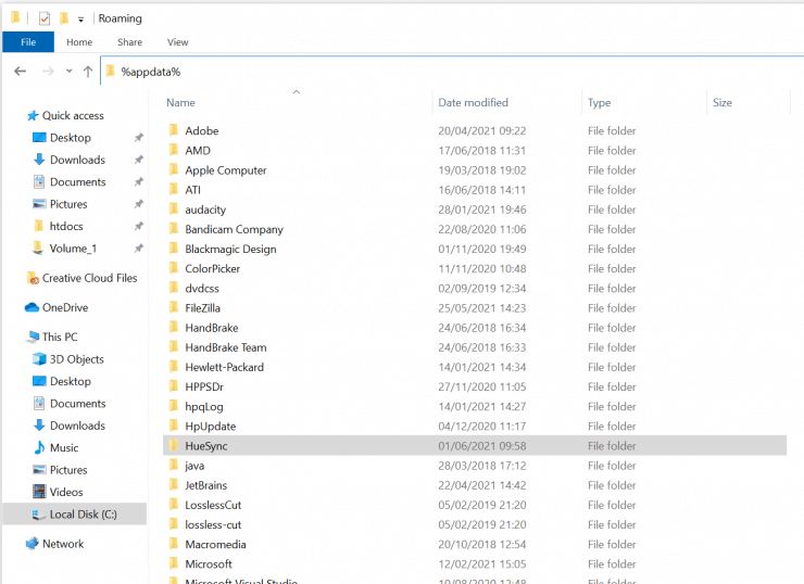 The Hue Sync appdata folder on Windows