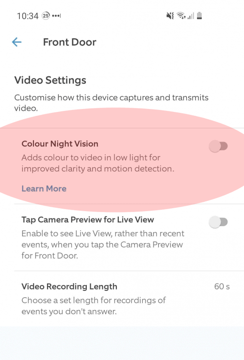 The color night vision option within the Ring app