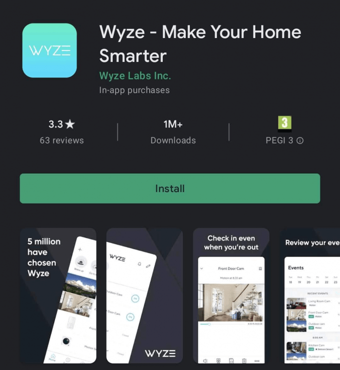 The Wyze app download page on the Android Play store