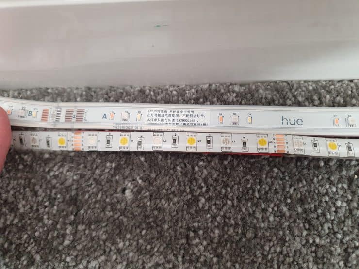 Two smart LED light strips compared and showing the different LEDs that exist on both