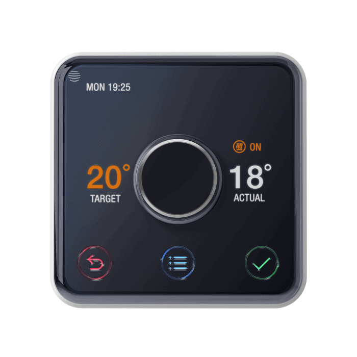 A Hive smart thermostat showing the actual and target temperatures