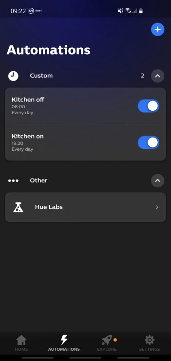 The Hue Labs section under the Automation tab of the new Hue app